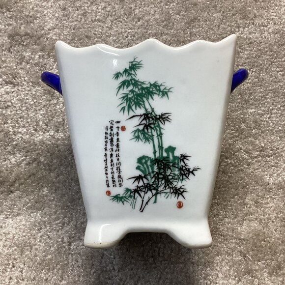 Vintage Chinese Porcelain Vase Planter With Blue Handles & Floral Bamboo Design - Picture 3 of 7